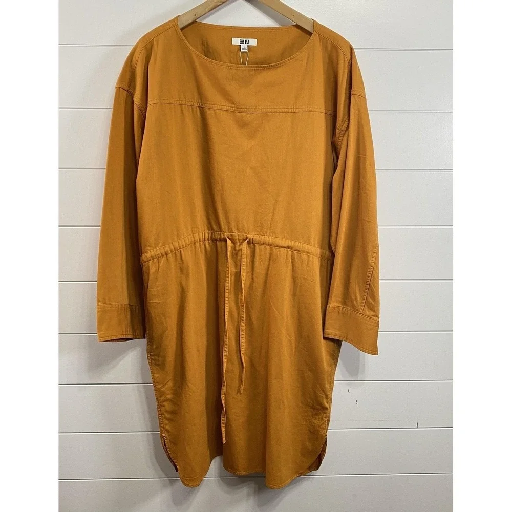 Uniqlo U Dress Womens Small Orange Denim Long Sleeve Drawstring Cotton Pockets